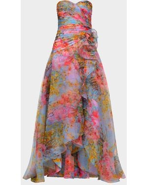 THEIA Eloise Strapless Floral-Print Organza Gown - White