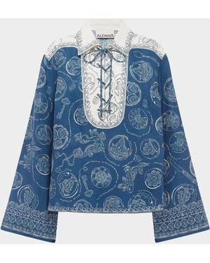 ALÉMAIS Lucky Linen Lace-Up Top - Blue