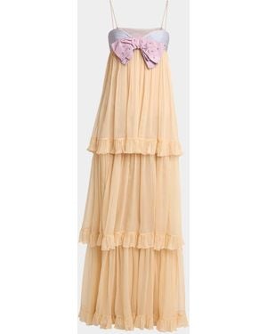 Valentino Garavani Crystal Creponne Bow Tiered Chiffon Babydoll Gown - Natural