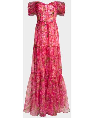 THEIA Tia Tiered Off-Shoulder Organza Gown - Pink
