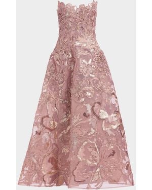 Elie Saab Strapless Floral Sequined Tea-Length Gown - Pink