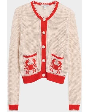 Autumn Cashmere Crab Intarsia Mesh-Knit Cardigan - Red