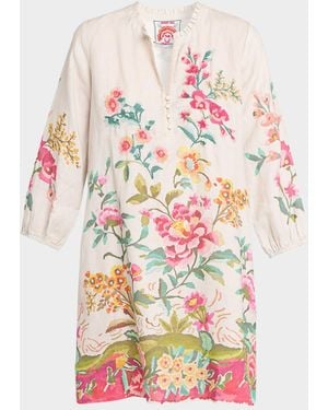 Johnny Was Floral-Embroidered Linen Mini Shift Dress - White