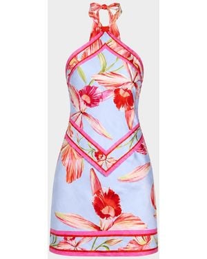 retroféte Adelaide Floral Silk Knotted Halter Overlay Mini Dress - White