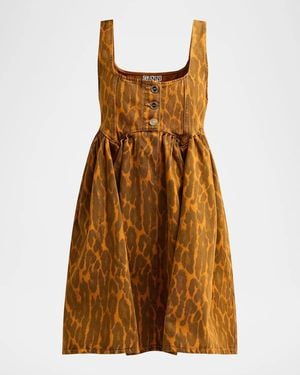 Ganni Print Denim Bubble Mini Dress - Brown