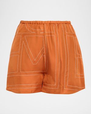 TOTEME Monogram Embroidered Silk Pajama Shorts - Orange