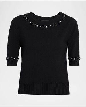 Oscar de la Renta Sequin Flower Short-Sleeve Knit Sweater - Black