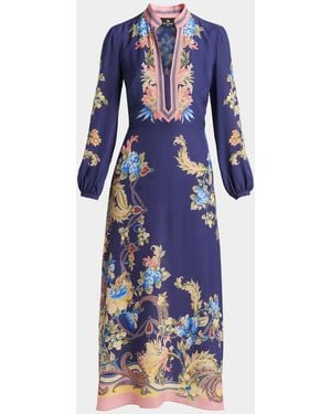 Etro V-Neck Floral-Print Long-Sleeve Midi Dress - Blue