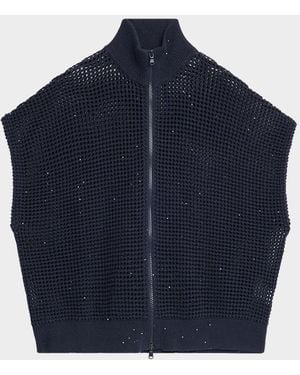 Brunello Cucinelli Cotton-Linen Mesh Short-Sleeve Zip Jacket - Blue
