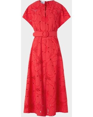 Akris Punto Floral Eyelet Embroidered Short-Sleeve Belted Midi Dress
