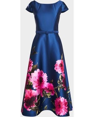 Kay Unger Ina Belted Tea-Length Floral Mikado Dress - Blue