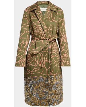 Dries Van Noten Roltas Sequined Rose-Print Wrap Trench Coat - Green