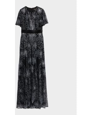 THEIA Lavina Short-Sleeve Beaded Mesh Gown - Multicolor