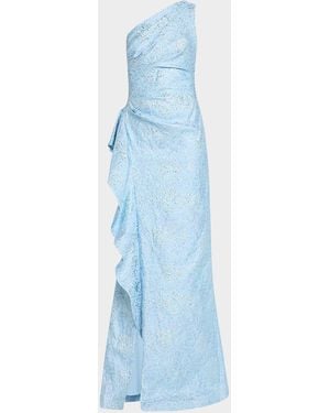 Teri Jon One-Shoulder Jacquard Side-Ruffle Gown - Blue