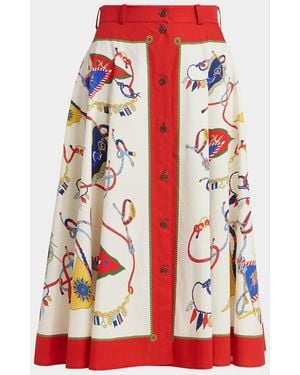 Etro Nautical-Print Cotton Poplin Button-Front Midi Skirt - Red
