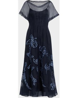 Lela Rose Ikat Floral Embroidered Organza Midi Dress - Blue