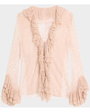 Alberta Ferretti Long-Sleeve Ruffle Lace Tie Blouse - Pink