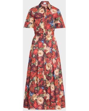 Adam Lippes Leighton Belted Floral Poplin Midi Dress - Red