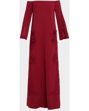 Lela Rose Floral Organza Embroidered Off-The-Shoulder Crepe Gown