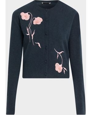 Erdem Flower Embroidered Cashmere-Wool Crewneck Cardigan - Blue