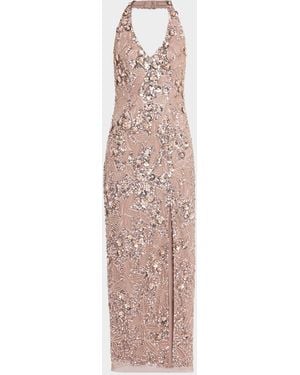 Aidan Mattox Floral Bead And Sequin Halter Column Gown - Pink