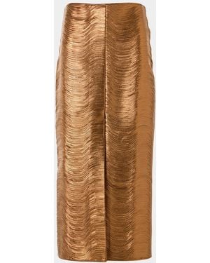 Akris Embroidered Lame Nappa Leather Midi Pencil Skirt - Brown