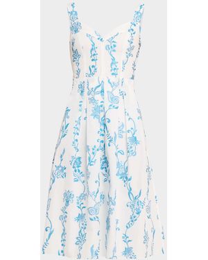 Etro Floral Embroidered Cotton Sleeveless Pleated Midi Dress - Blue