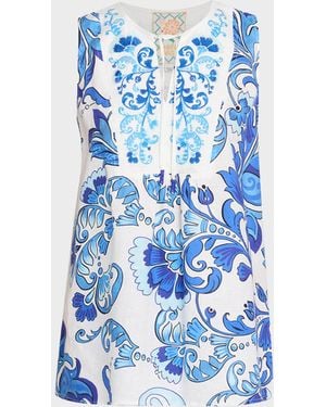 Johnny Was Embroidered Floral-Print Linen Tank Top - Blue