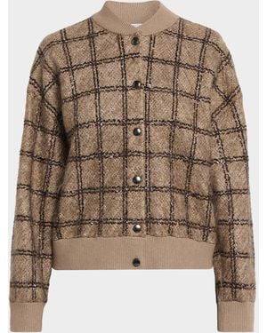 Brunello Cucinelli Paillette Check Mohair Knit Bomber Cardigan - Brown