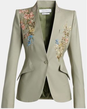 McQueen Floral Beaded Single-Breasted Slim Jacket - Green