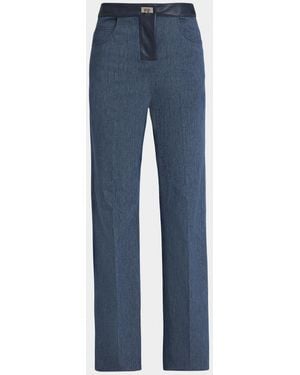 Ferragamo Leather-Trim Straight-Leg Denim Jeans - Blue