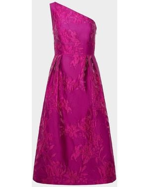 Kay Unger Dorrit One-Shoulder Tea-Length Jacquard Dress - Purple
