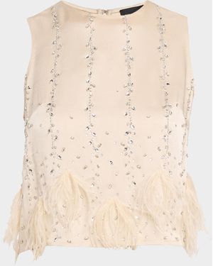 LAPOINTE Crystal & Feather Embellished Satin Cropped Tank Top - Natural