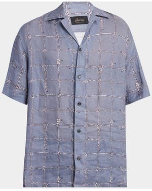 Brioni Nautical Linen Camp Shirt - Blue