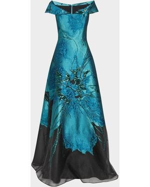 Teri Jon Floral Jacquard Organza A-Line Gown - Blue
