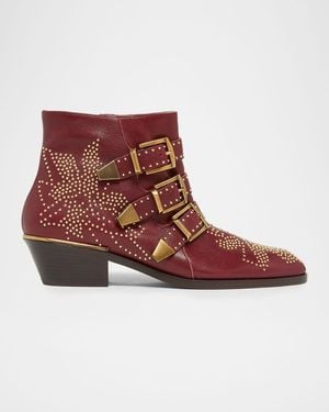 Chloé 40Mm Susanna Studded Leather Ankle Booties - Red