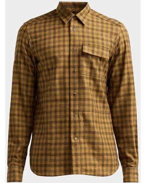 Kiton Apos;S Buba Plaid Cashmere Snap-Front Shirt - Brown