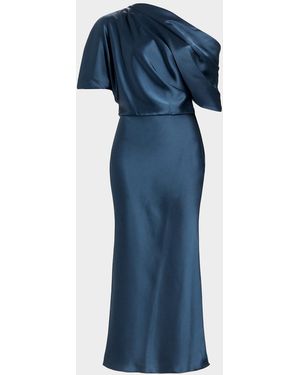Amsale Draped Satin Pencil Midi-Dress - Blue
