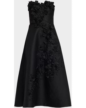Badgley Mischka Strapless Floral Applique Midi Dress - Black