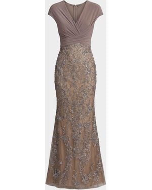 Mac Duggal Bead Embroidered Jersey & Mesh Mermaid Gown - Brown