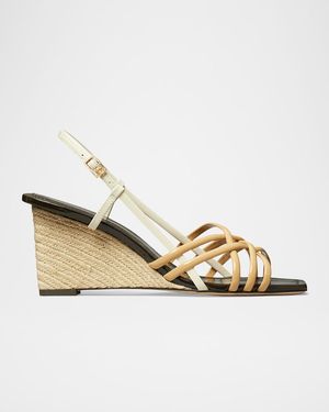 Tory Burch Multi-Strap Patent Leather Wedges - Metallic