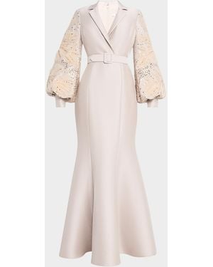 Badgley Mischka Embellished-Sleeve Mermaid Shirt Gown - Pink