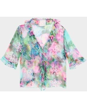 Johnny Was Lorelei Ruffled Floral Silk Blouse - White