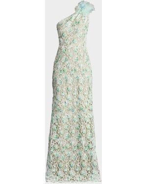 Tadashi Shoji One-Shoulder Floral Lace Gown - Green