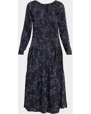 Plan C Pleated Long-Sleeve Midi Dress - Blue