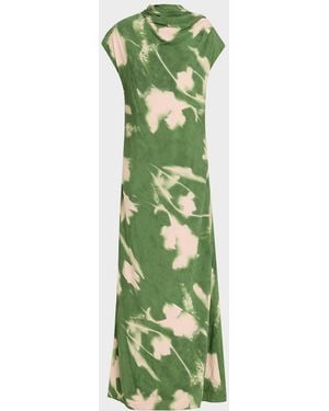 Lela Rose Abstract Floral Crepe A-Line Cap-Sleeve Gown - Green