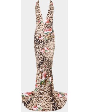Roberto Cavalli Plunging Floral Leopard-Print Ruched Mermaid Maxi Dress - White