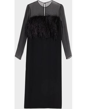 Alberta Ferretti Feather-Trim Sheer Long-Sleeve Enver Satin Midi Dress - Black