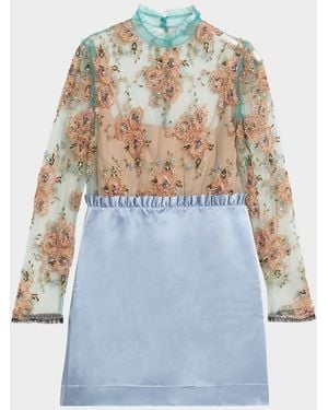 Valentino Garavani Crystal Embroidered Tulle And Satin Mini Dress - Blue