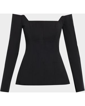 Lela Rose Off-The-Shoulder Stretch Cotton Long-Sleeve Top - Black
